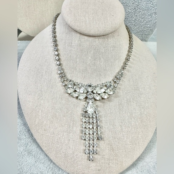 Jewelry - Vintage Sparkling Large Clear Teardrop & Navette Rhinestone Tassel Necklace